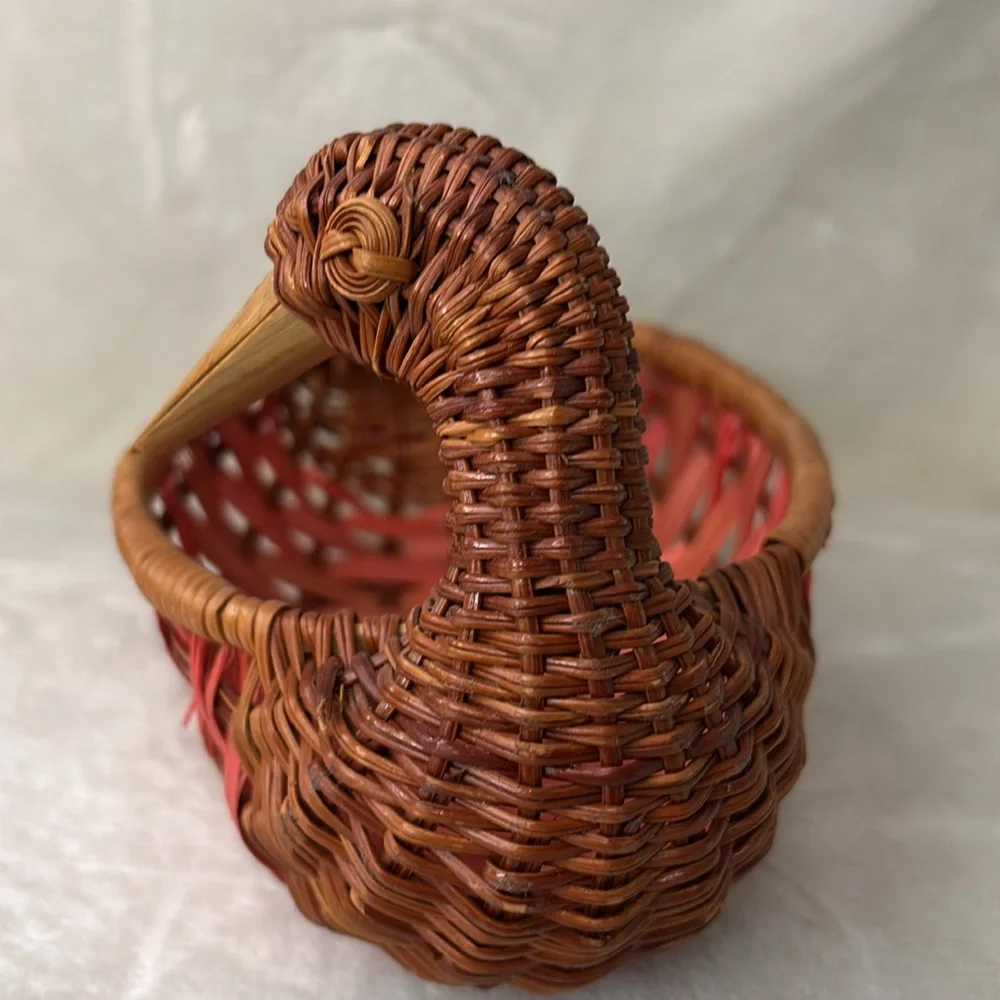 Vintage Woven Wicker Duck Basket Pink and Brown with Wood Bill Key Holder Shelf